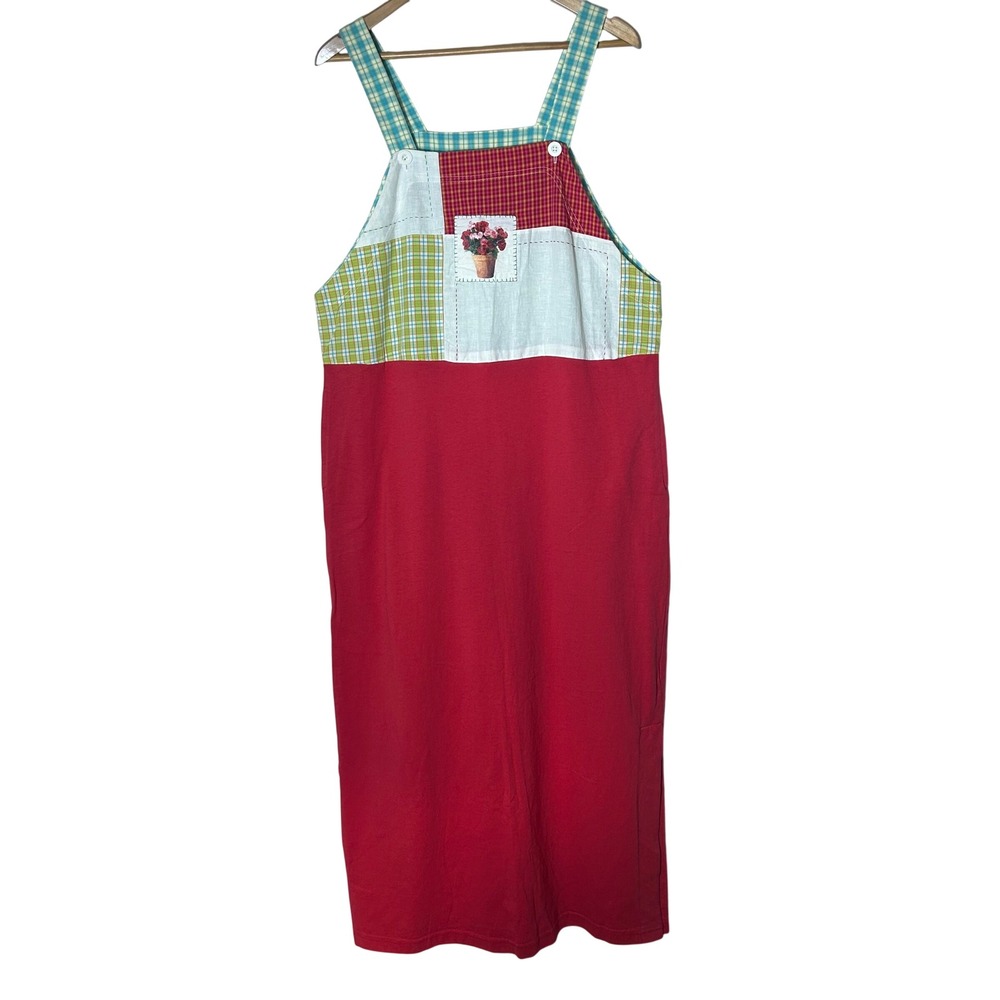 Johnny Was Dress M Vintage Red Patchwork Gingham Plaid Cotton Overall Pinafore